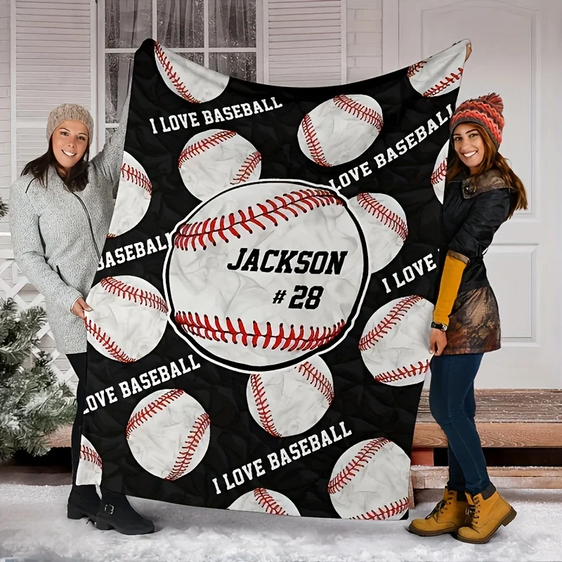 Customize 1pc Custom Baseball-Themed Throw Blanket with Personalized Name & Number - 