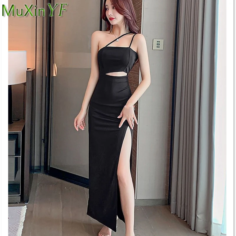 

2023 Summer Women's Long Slim Black Dress Sexy Split Strapless Sling Sheath Dresses Dinner Party Spaghetti Strap Gown Female New