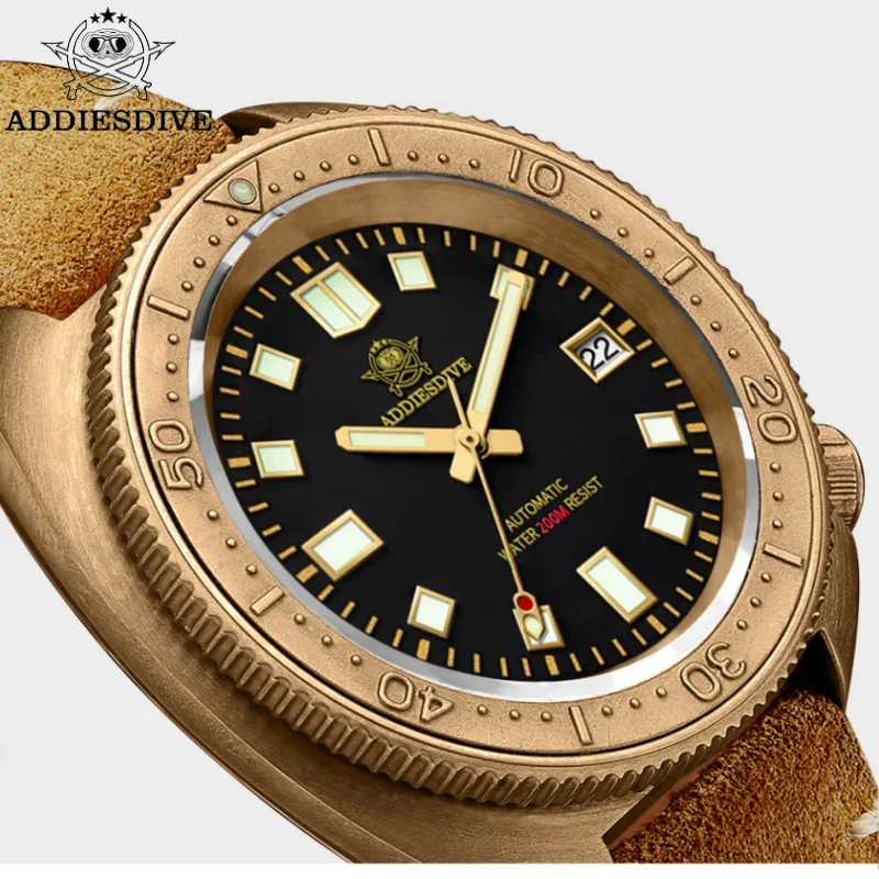 ADDIESDIVE Orologio da uomo di lusso CUSN8 Bronzo Vetro zaffiro massiccio C3 Super luminoso 20Bar Orologi meccanici automatici impermeabili