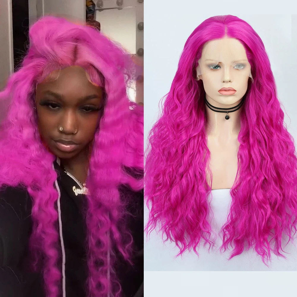 Rosy Pink Wave Wig Synthetic Lace Front Wig Heat Resistant Long Loose Curly Wig Lace Hair Lace Wigs For Women Cosplay Pink Wig