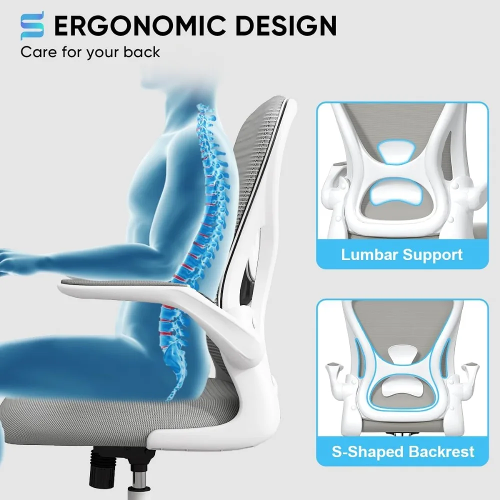 Silla de escritorio ergonómica con brazos abatibles acolchados y soporte lumbar de apoyo, sillas de oficina en casa de malla transpirable