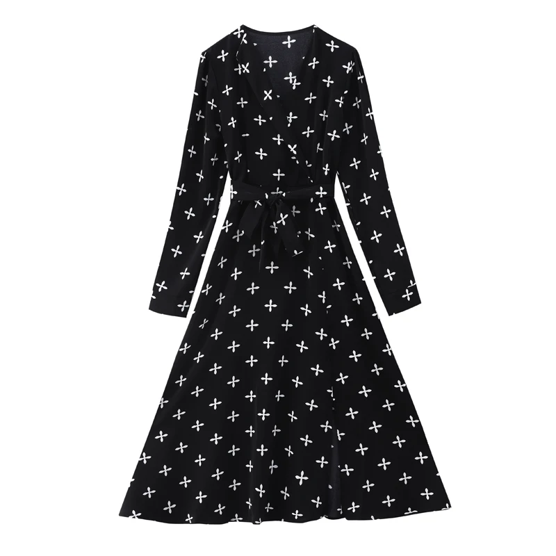 2025 Spring Black Print Knitting Long Sleeve Dress Korean Vintage Women Dress Elegant Bodycon Black Party Evening Vestidos