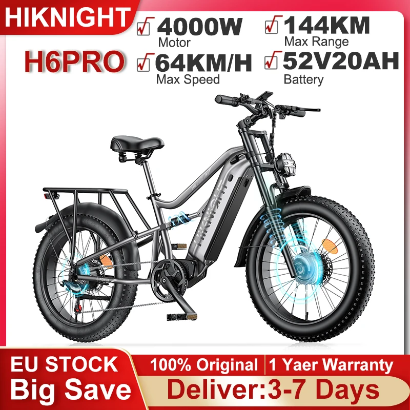 Image of HIKNIGHT H6PRO E-Bike mit 4000W Spitzenmotor, 52V20Ah Akku, 64KM/H Höchstgeschwindigkeit, 144KM Maximale Reichweite, 24x4 Zoll Fat Tire Mountain City Elektrofahrrad