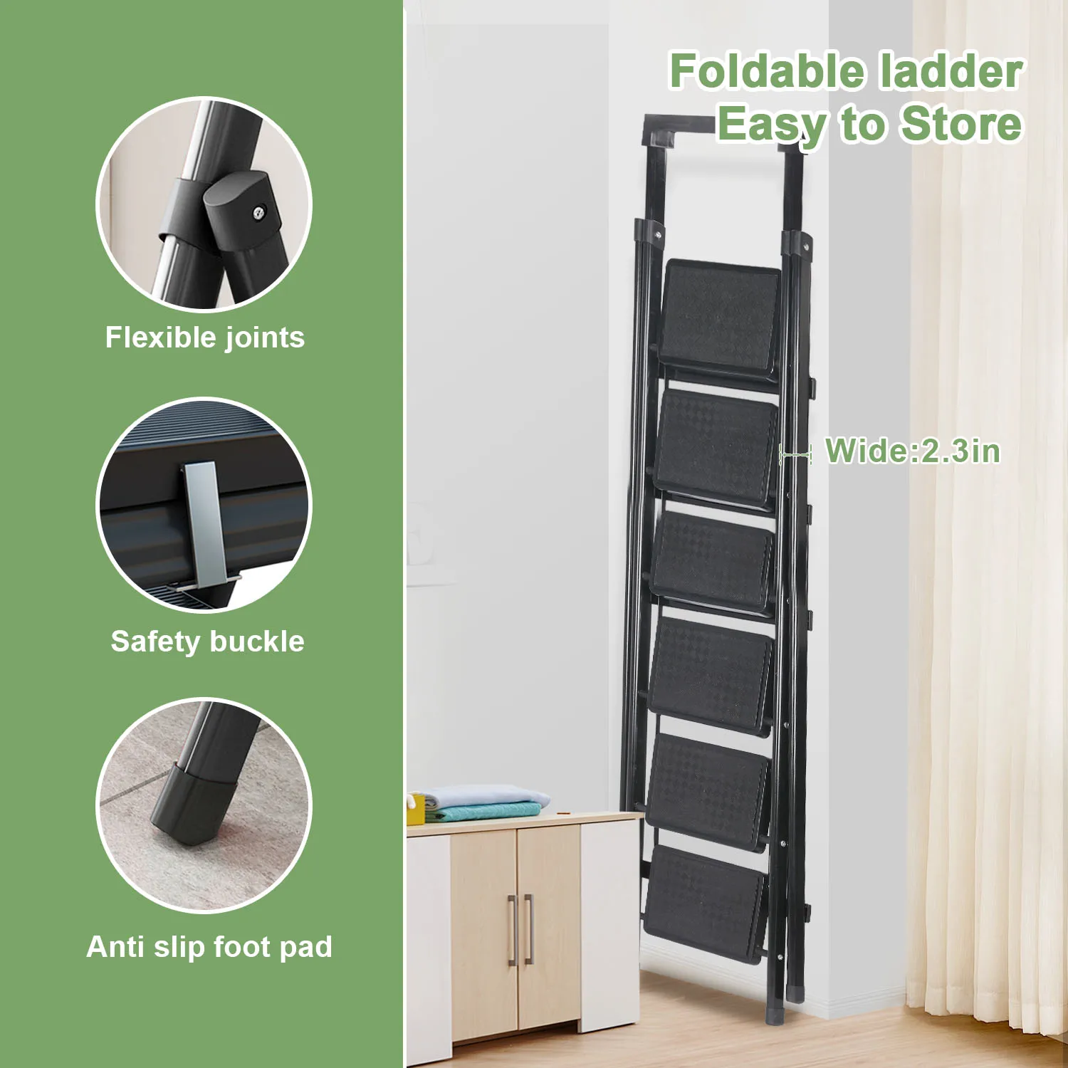 Step Ladder 6 Step Folding, Ladders for High Ceilings, Tall Closet, Cabinet, Lightweight Step Ladder with Anti-Slip Foot
