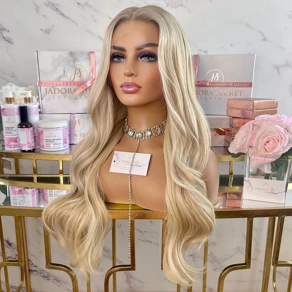 Creamy Light Blonde Highlights Ash Roots Lace Front Wigs Synthetic Hair Transparent Lace Glueless Lace Frontal Wig Cosplay Fiber