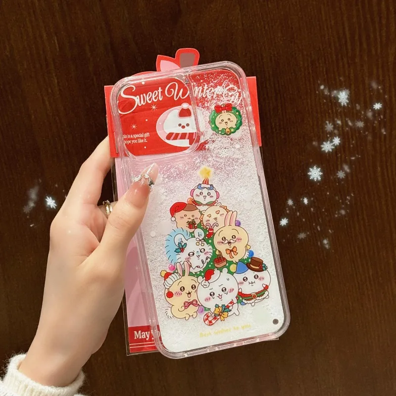 Kawaii Anime Chiikawa Christmas Quicksand Acrylic Mobile Phone Case Iphone16pro Max Big Hole Creative Hard Case Soft Edge