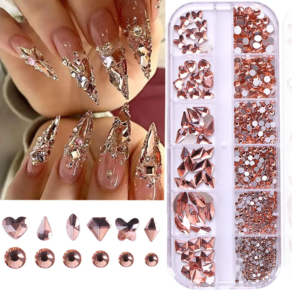 12 شبكة الشمبانيا كريستال الراين مسمار السحر متعدد الشكل كريستال الأحجار الكريمة مسمار الماس بلينغ الزجاج فلاتباك مسمار جواهر #1