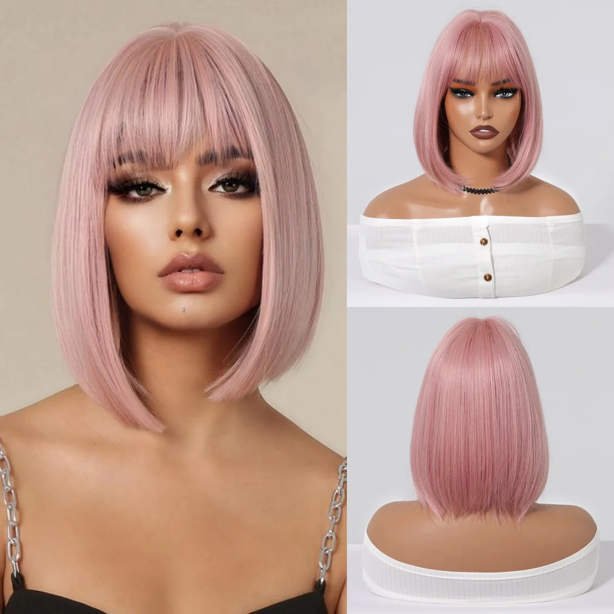 

Pink Short Bob Straight Synthetic Wig With Bangs for Women Natural Fake Hair Cosplay Daily Halloween Use Heat Resistant Fiber