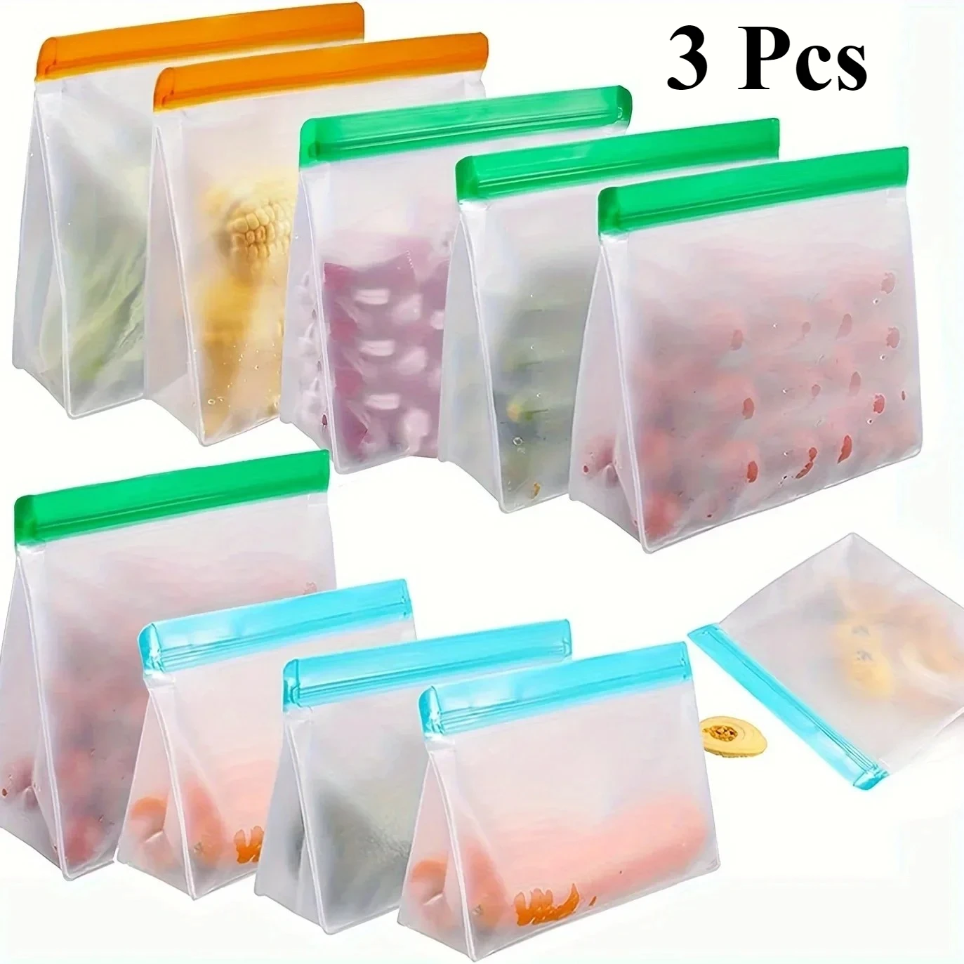 3pcs Reusable Silicone Food Pouches 3-Pack - Leakproof Freezer & Storage Bags for Travel/Home Use ﻿