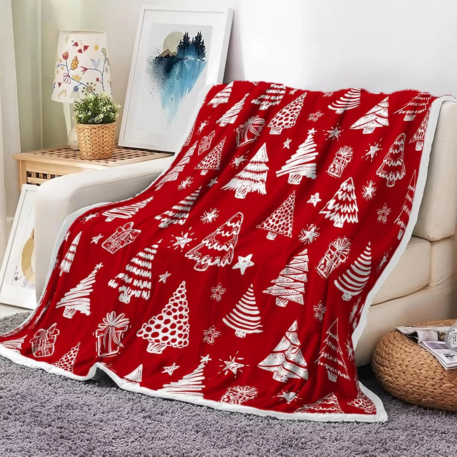 Christmas Red White Throw Blanket - Soft Flannel with Snowflakes Stars Tree, Decorative for Home Sofa New Year