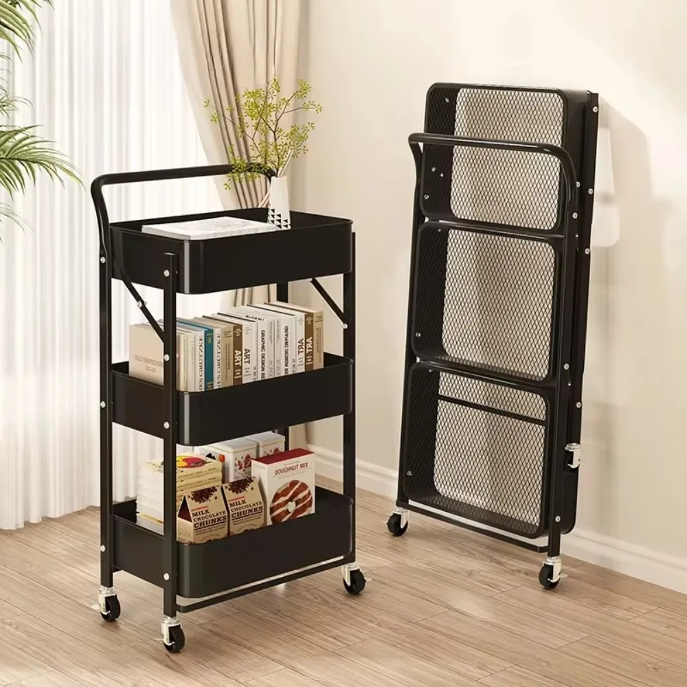 Folding Storage Trolley Rack Kitchen Bathroom 3 Storey Snacks Shelving Bedroom Mobile Trolley Storage Rack Organizer Carts