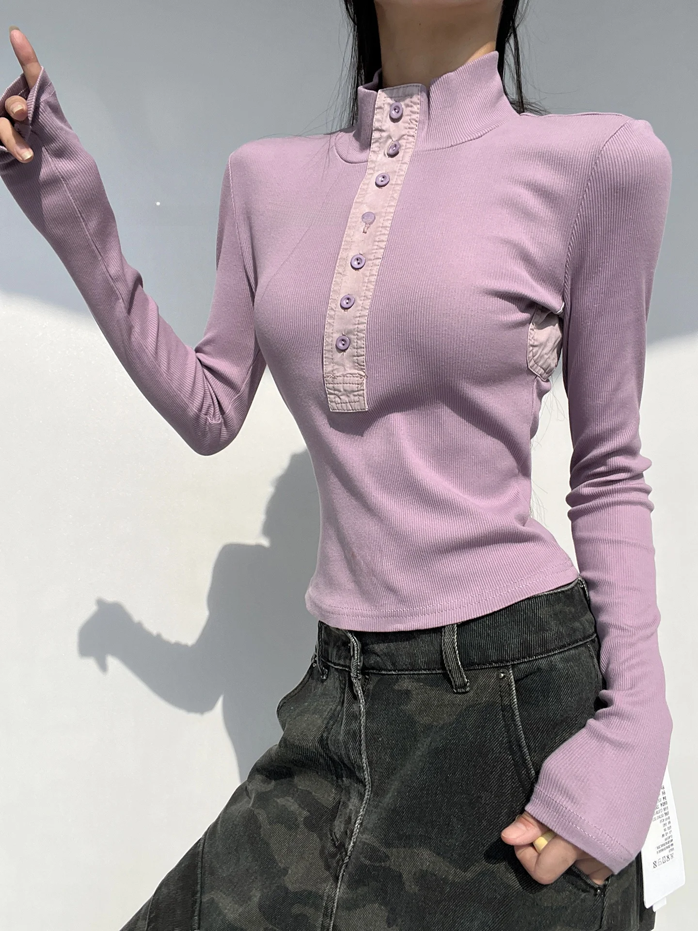 MianCun Sexy Deep V Neck Long Sleeve T-Shirt Women's Slim Fit Collared Top High Waist Advanced Splicing Base Layer Cotton Blend