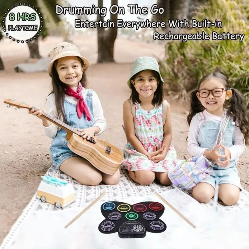9 Drums Electronic Drum with Built in Speakers, Drum Sticks, Headphone Out