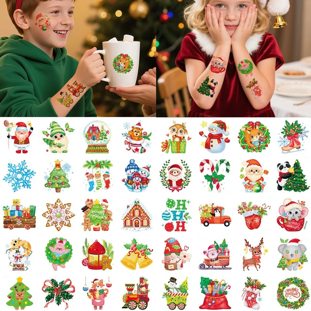 

20 листов блестящие рождественские временные татуировки наклейки для детей татуировка на руку и лицо Санта-Клаус флэш-тату Снеговик поддельные татуировки