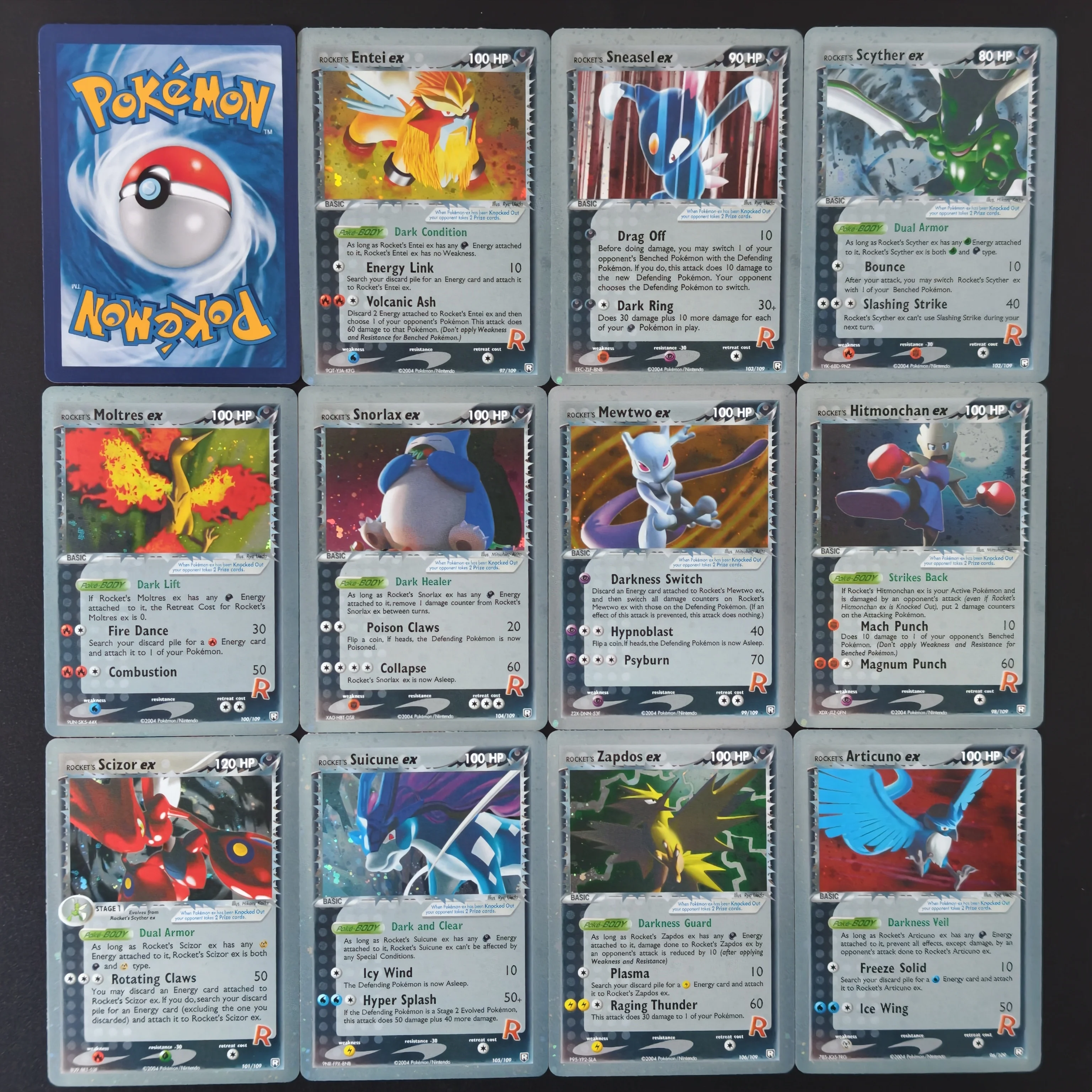 Proxy PKM Card Vintage 2004 Team Rocket Complete Legendary Master Entei Sneasel Scyther Holo Foil Card DIY TCG Advanced Card