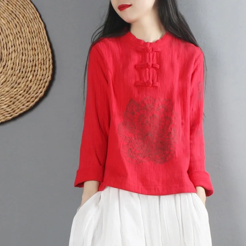 2022 Summer Chinese Style Ethnic Long Sleeve Women Retro Embroidery Blouse Red T-shirt Cotton Oversize Loose Ladies Casual Tops