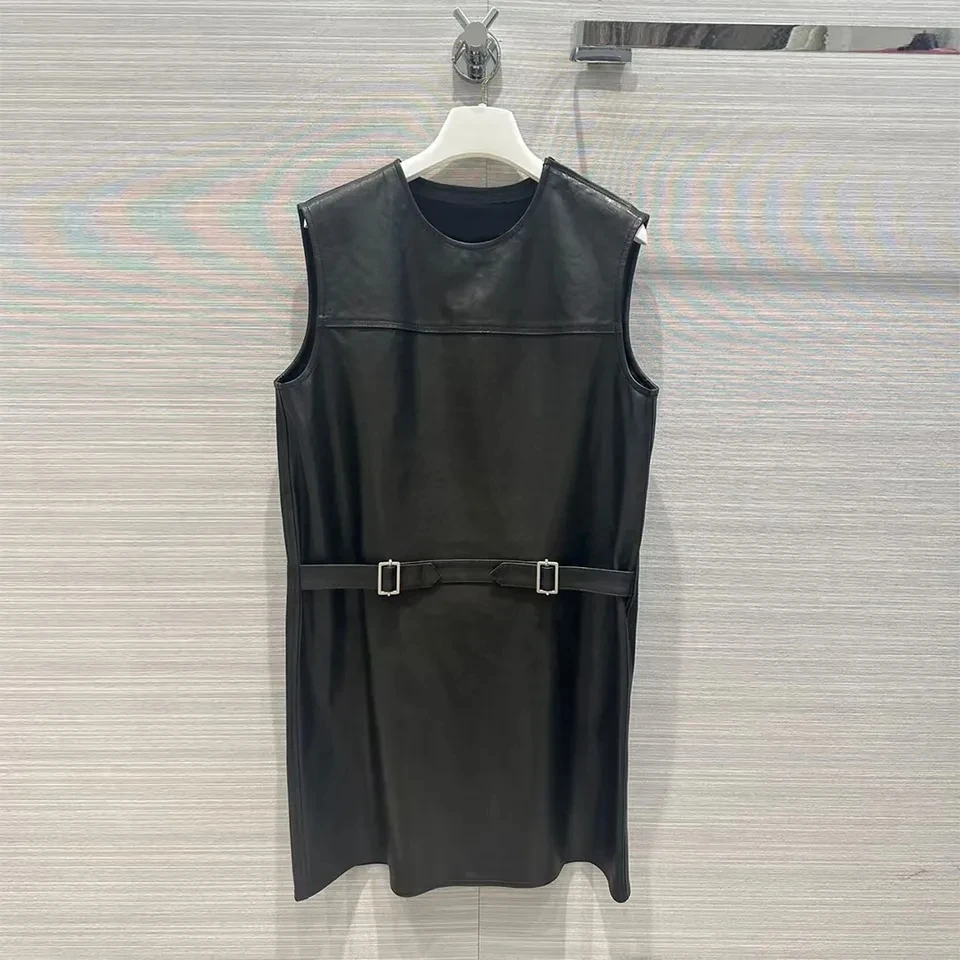 Newest Autumn Black 100% Sheepskin Luxury Design Straight Dress Women O-neck Zipper Sleeveless Buckle Belt Loose Vintage Dresses