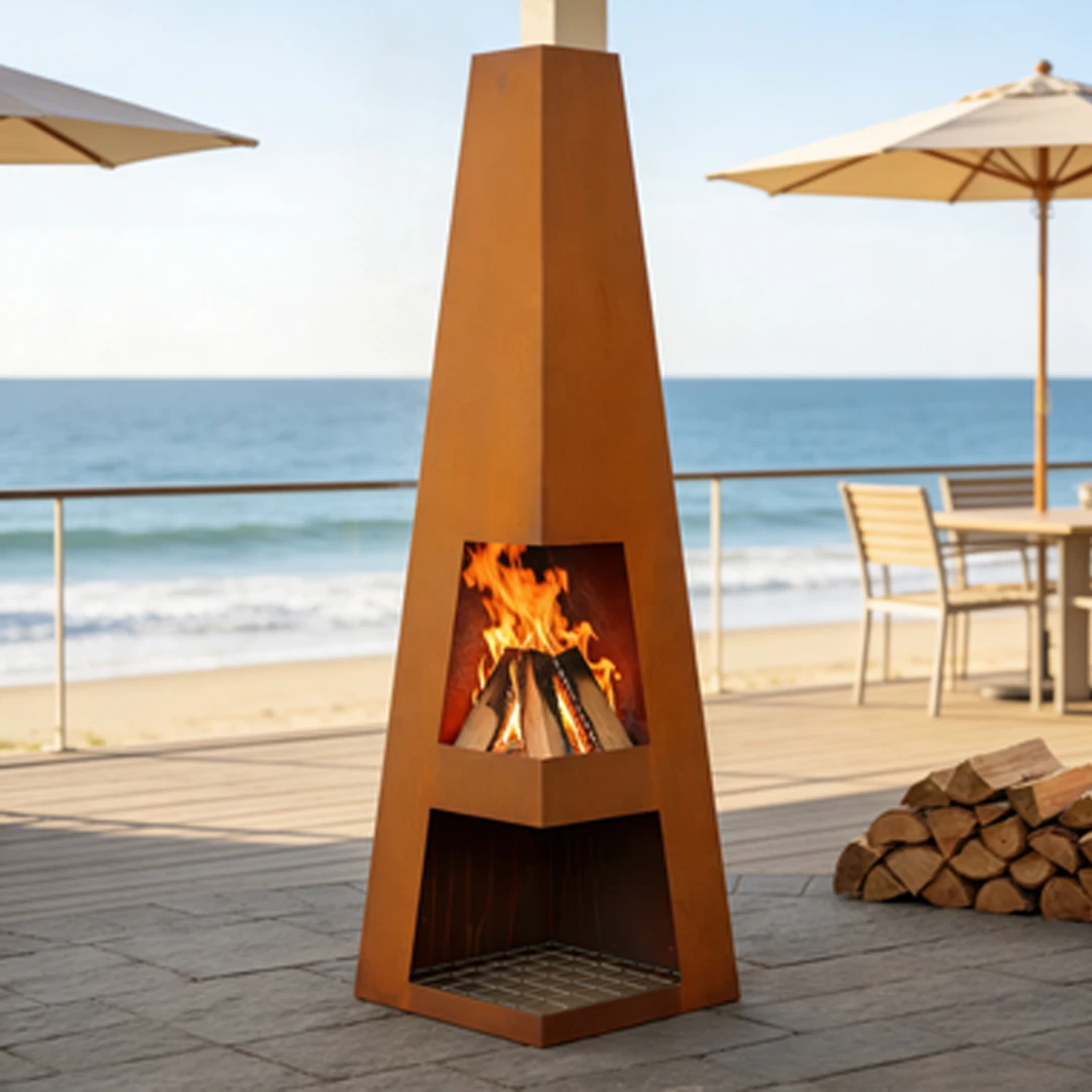 Outdoor Square Steel Fire Pit Wood Burning with Log Grate for Cabin Patio & Backyard