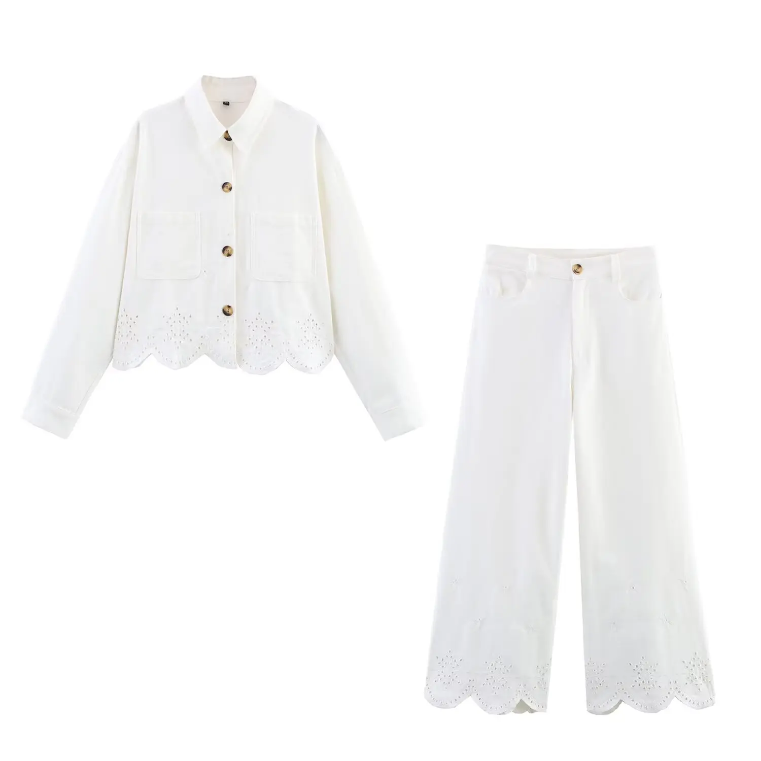 

ZBZA Embroidered Hollow Out Suit Lapel Single-breasted Pockets Cropped Shirt High Waist Straight Pants New Women Two Piece Suit
