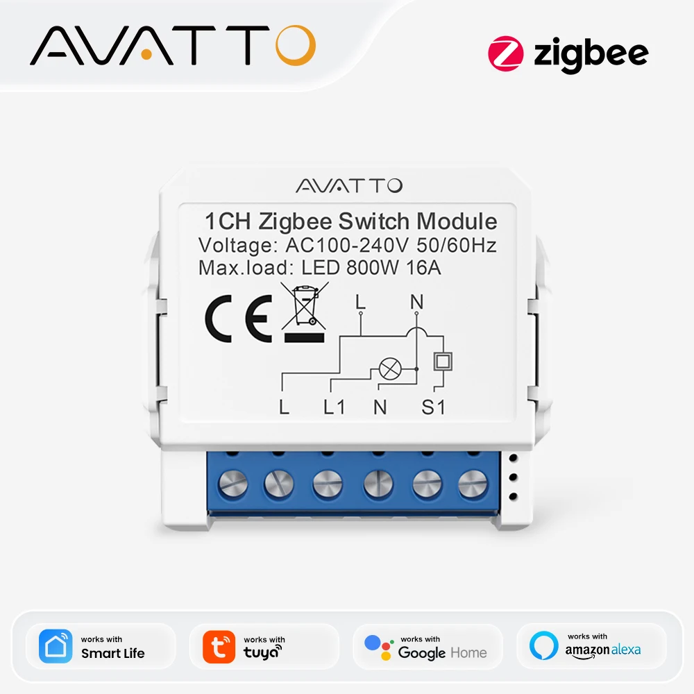AVATTO ZigBee Tuya 1/2/3/4 Gang Mini Smart Switch DIY Light Switches Module Two-Way Control Works With Alexa Alice Google Home