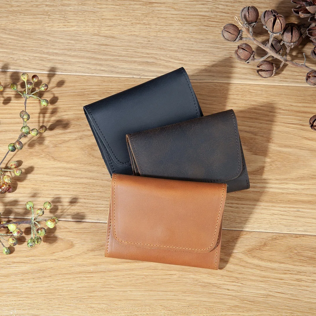 Crazy Horse Leather Multi-Divider Coin Wallet, Compact Snap Flap Front Pocket Wallets for Bills ID Credit Cards Storage