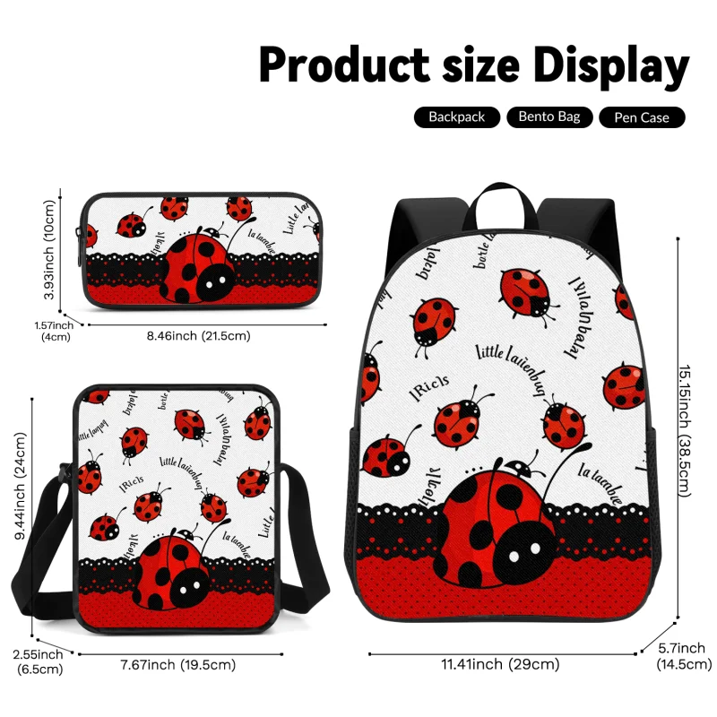 7-Star Ladybug Print Backpack 3pcs Set 2D Flat Printing) Lightweight School Bag, Adjustable Shoulder Straps And Zipper