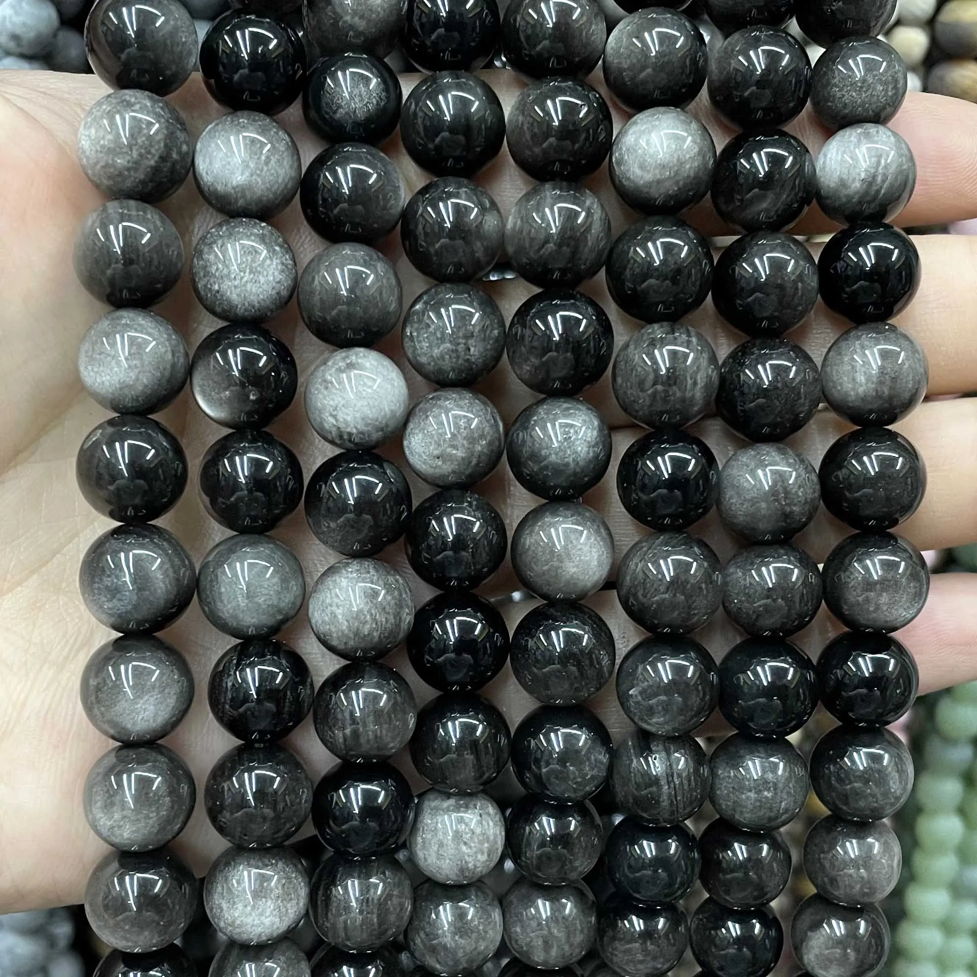 4 6 8 10 12 14MM Natural Stone Silver Obsidian Round Loose Spacer Beads For Jewelry Making DIY  Bracelets Necklace Accessories