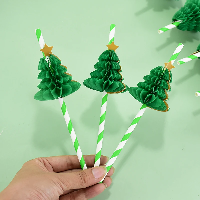 10pcs Christmas Paper Straws Honeycomb Christmas Tree Shape Cake Toppers Drink Fruit Picks Decoration Birthday Xmas Party Supply