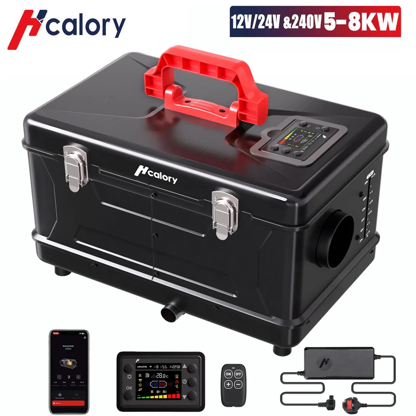 Calentador diésel Hcalory de 8KW, caja de herramientas de 5L, calentador de aire diésel portátil compacto 2S, 12V/24V, calentamiento rápido todo en uno con control de aplicación