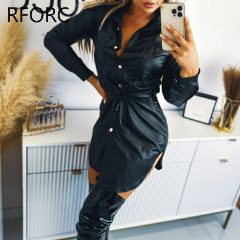 2023 Women Solid Pu Leather with Belts Turn Down Neck Buttoned Sexy Shirt Dress