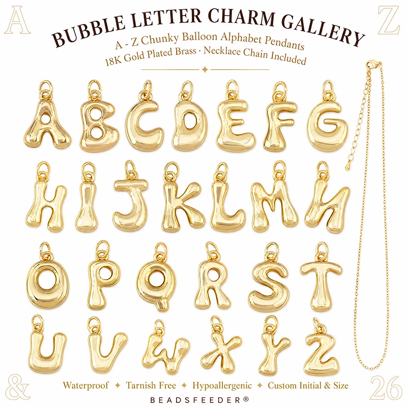 Initial Letter Necklace 18K Gold - 3pcs Lot Cute Brass Initial Bubble