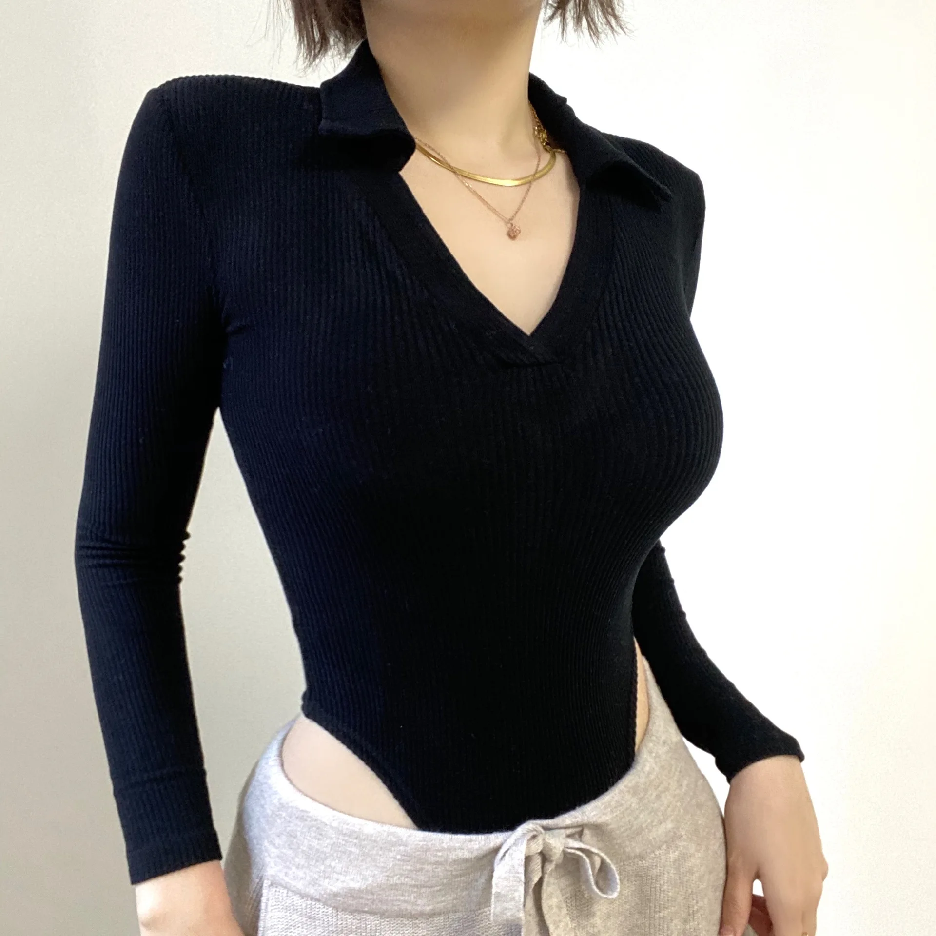 Stylish Maternity Rib-Knit Bodysuit - Solid Color, Long Sleeve, V-Neck, Crotch Button