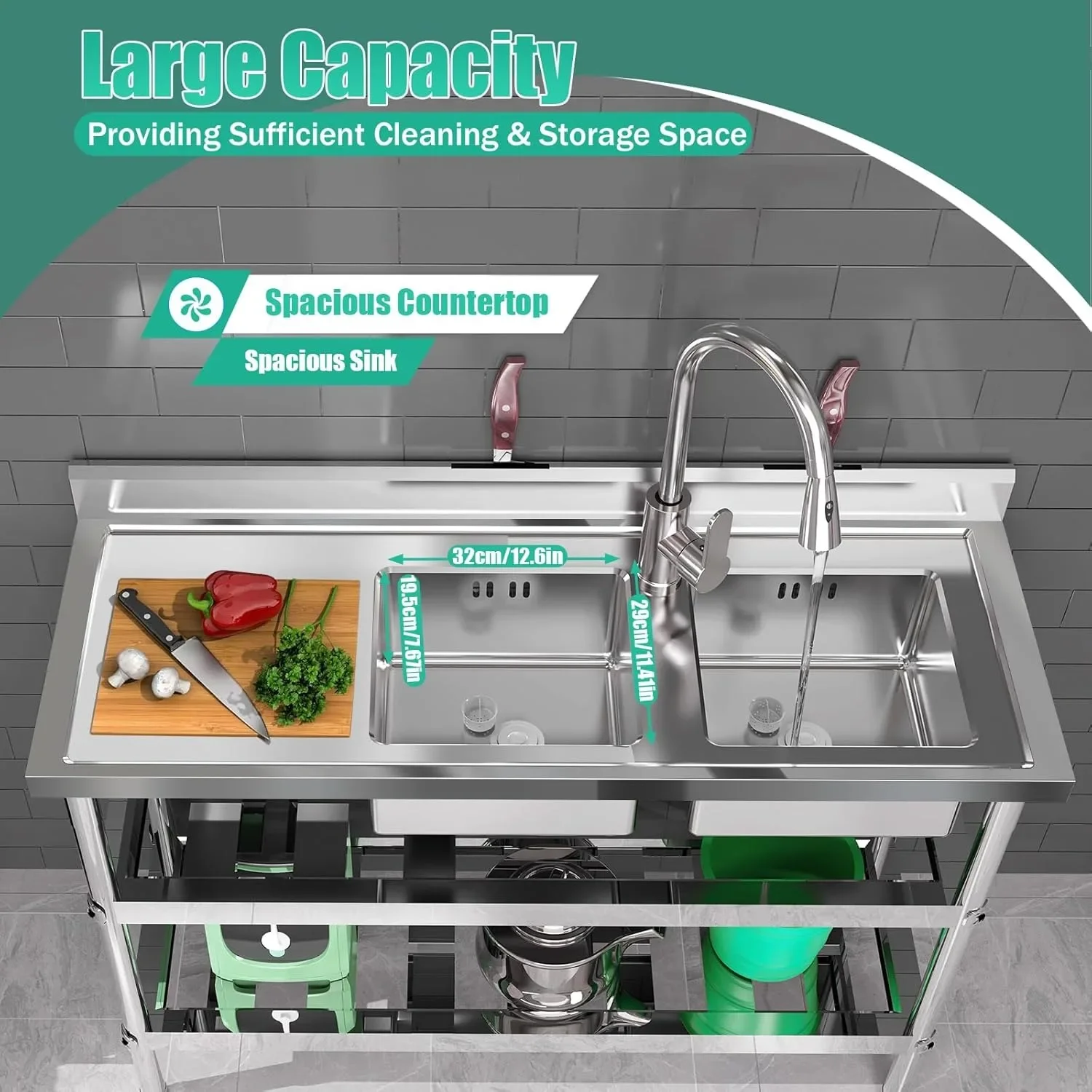 

Коммерческая кухонная мойка из нержавеющей стали с двойной чашей, отдельно стоящая, с ящиком для хранения и смесителем для горячей и холодной воды