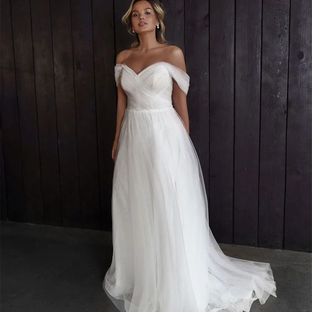 Dotted Tulle Beach Wedding Dresses 2021 Off the Shoulder Pleats Garden Country Bride Dress  Women Customize To Measures Stunning