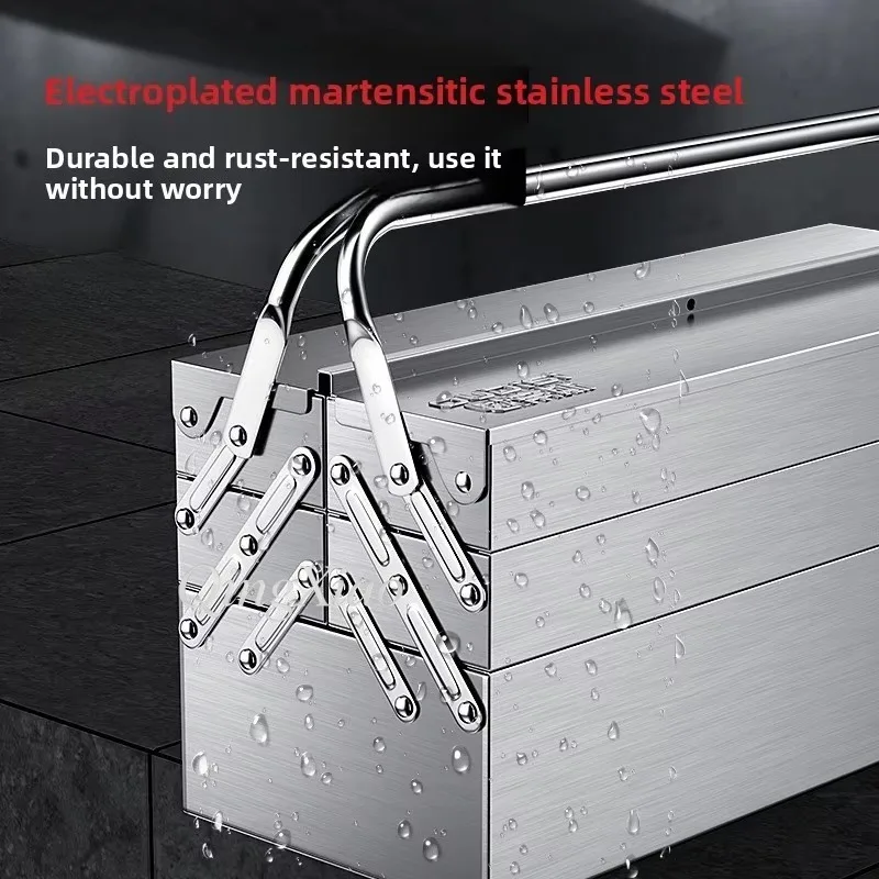 Stainless Steel Toolbox Multi-Layer Folding Heavy Duty Storage Box, Robust Carry Handle for Home Garage Workshop DIY Hand Tools