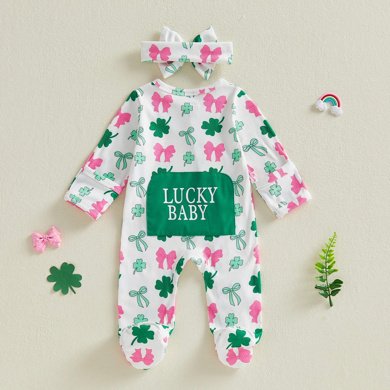 Tregren 0-9M Infant Newborn Baby Girl Irish Day Footed Jumpsuit Long Sleeve Clover Bow Print Oblique Zipper Romper with Headband