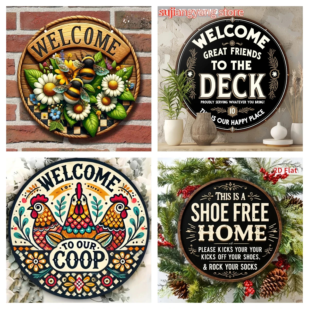 Rustic Farmhouse Welcome Sign Collection High-Definition Metal Tin Sign Set – Featuring Vintage Bee & Daisy Wreath “Welcome” Sig