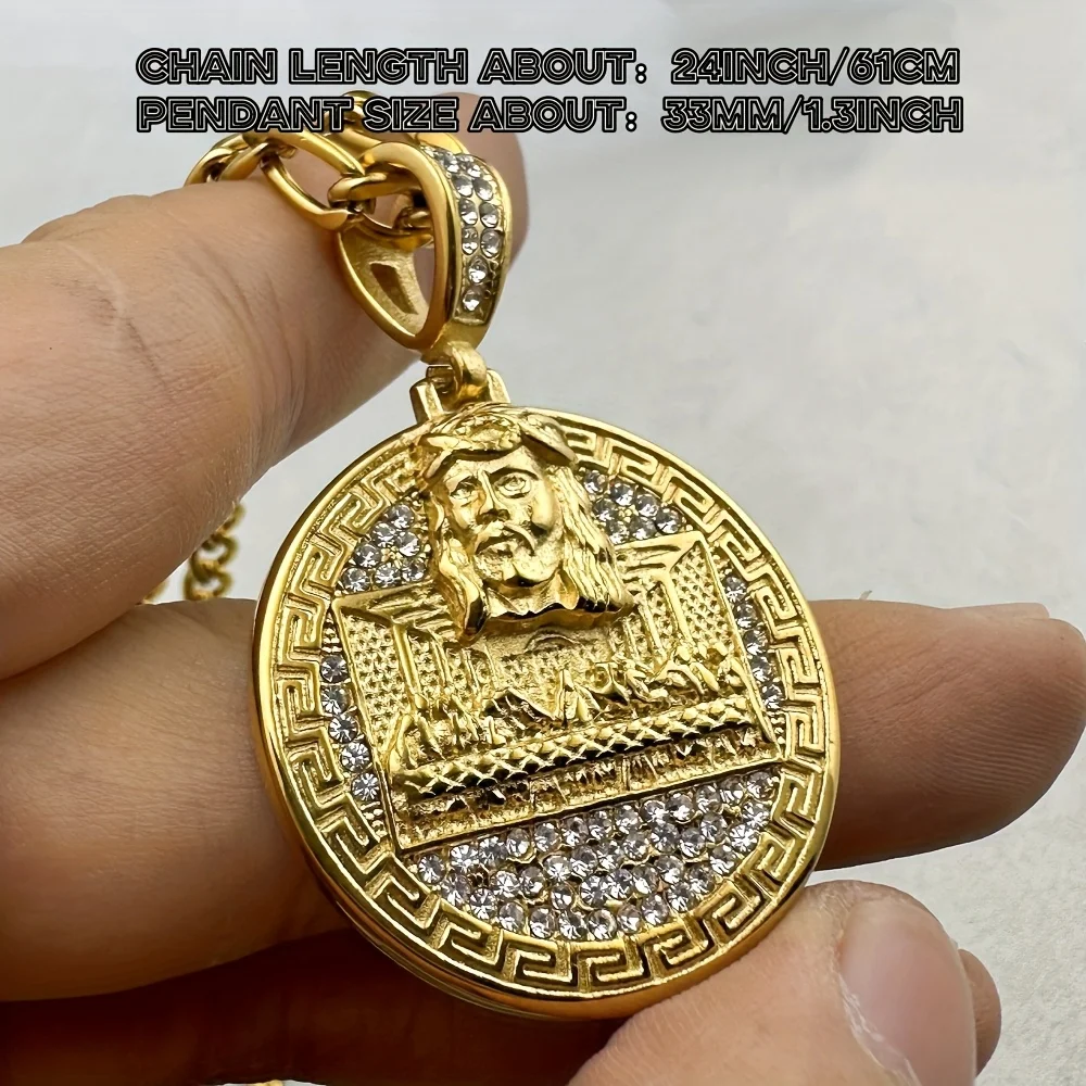 Golden 316L Stainless Steel Necklace with Rhinestone Pendant Last Supper Jesus Catholicism Symbol Jewelry for Women And Men Part