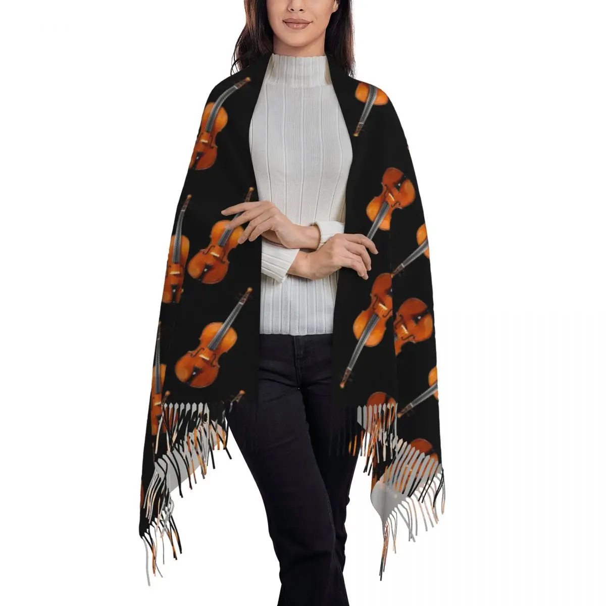 Antique Violin Musical Instrument Pattern Scarf Tassel Scarves for Women Soft Warm Shawls and Wraps Large Fall Winter Shawl Wrap