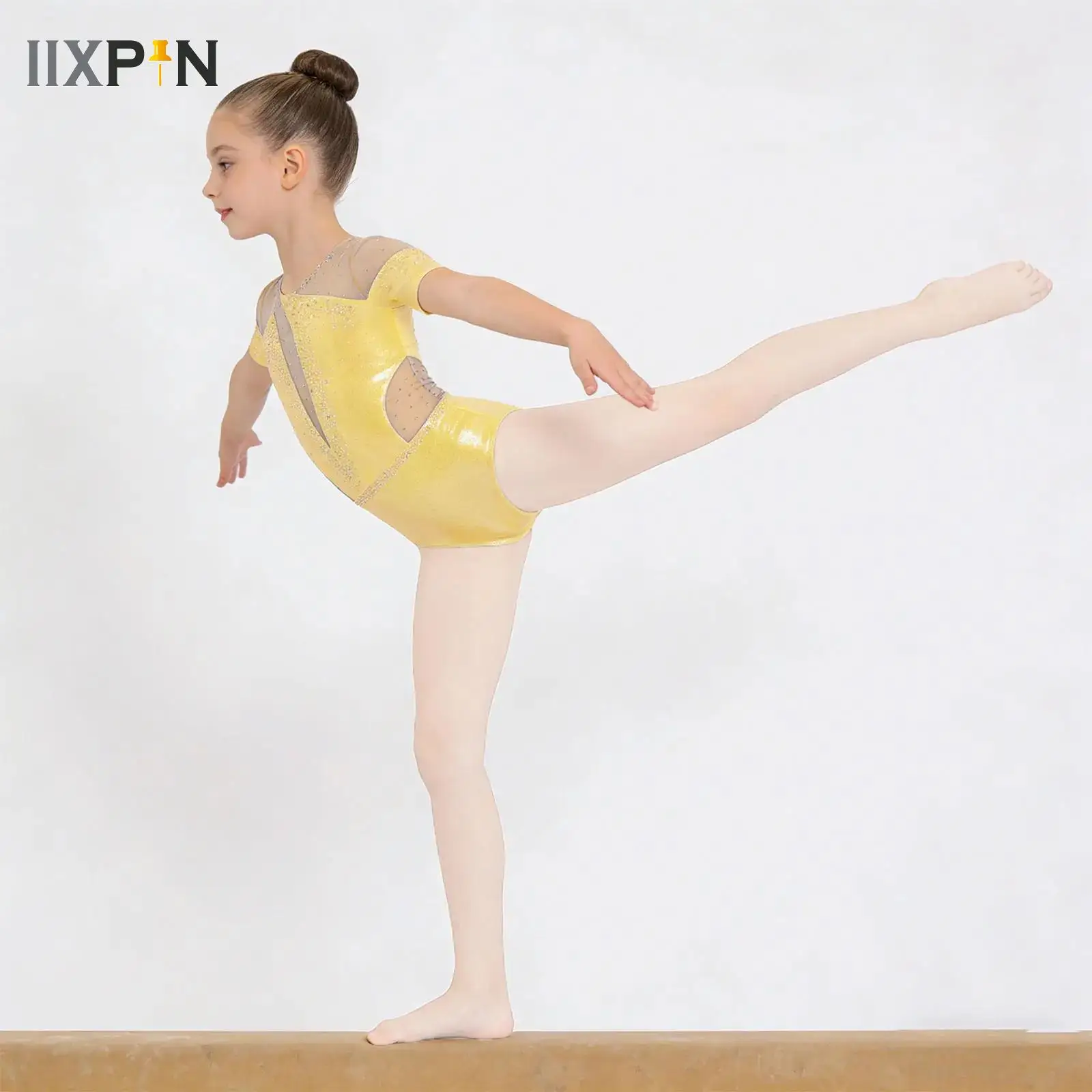 

Kids Girls Figure Skating Ballet Dance Leotard Short Sleeve Cutout Back Shiny Rhinestones Rhythmic Gymnastics Bodysuit Dancewear