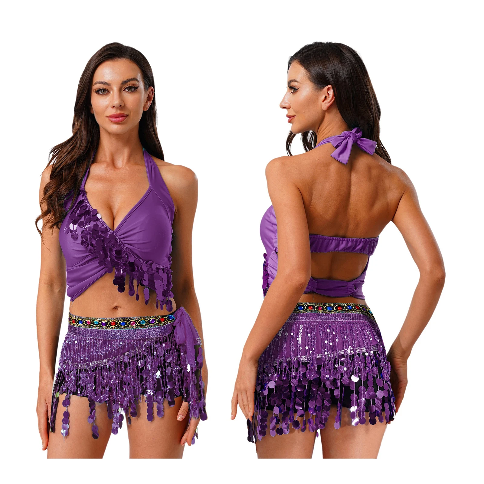 Tenue de danse du ventre à paillettes scintillantes pour femmes, haut court de poitrine à col en V et écharpe de hanche à lacets en strass pour vêtements de danse latine indienne