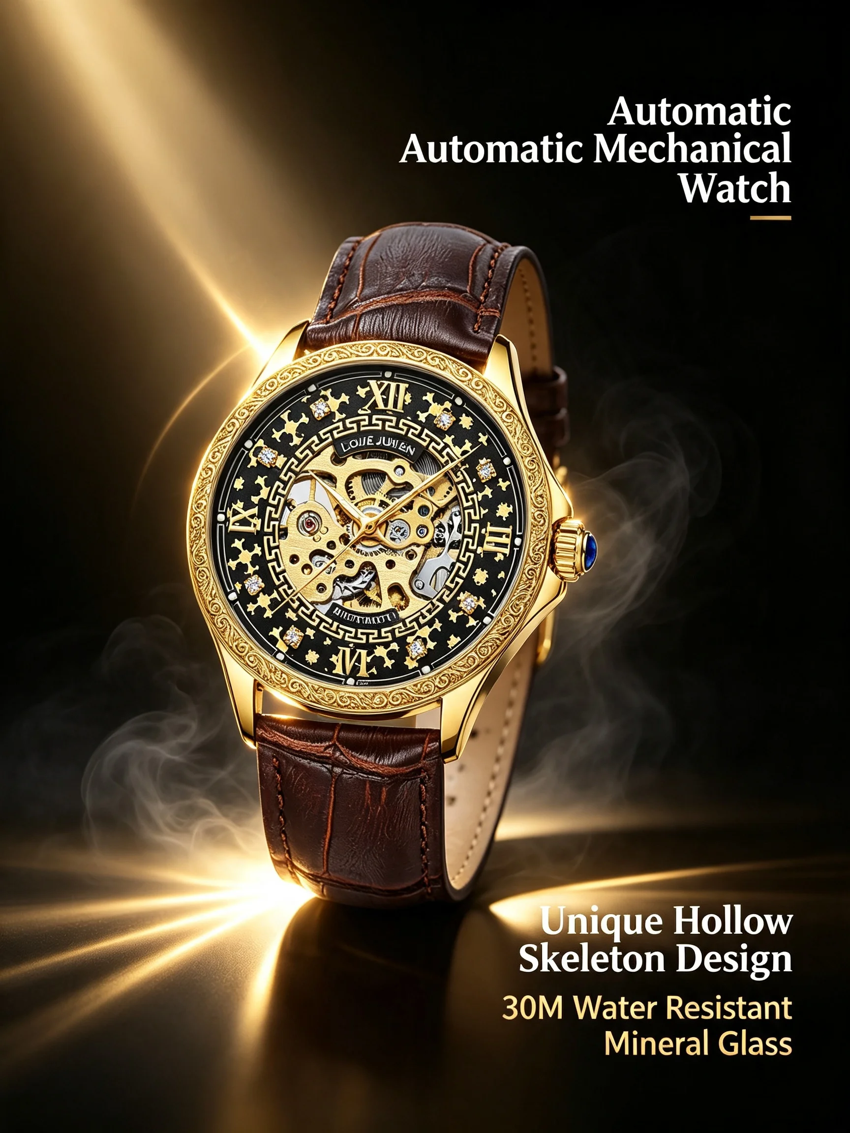 LOUIE JUELEN Men Automatic Mechanical Watch Skeleton Hollow Dial 30M Waterproof Mineral Glass Leather Strap Luxury Wristwatch