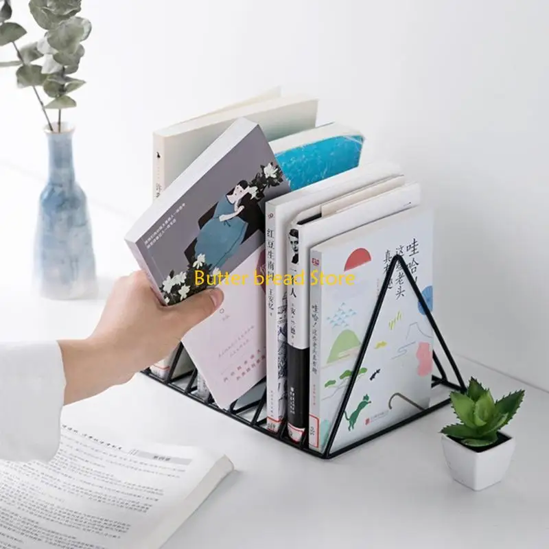 W89C Triangular Metal Book End 9 Compartments Desk Book Organizers Magazine Rack
