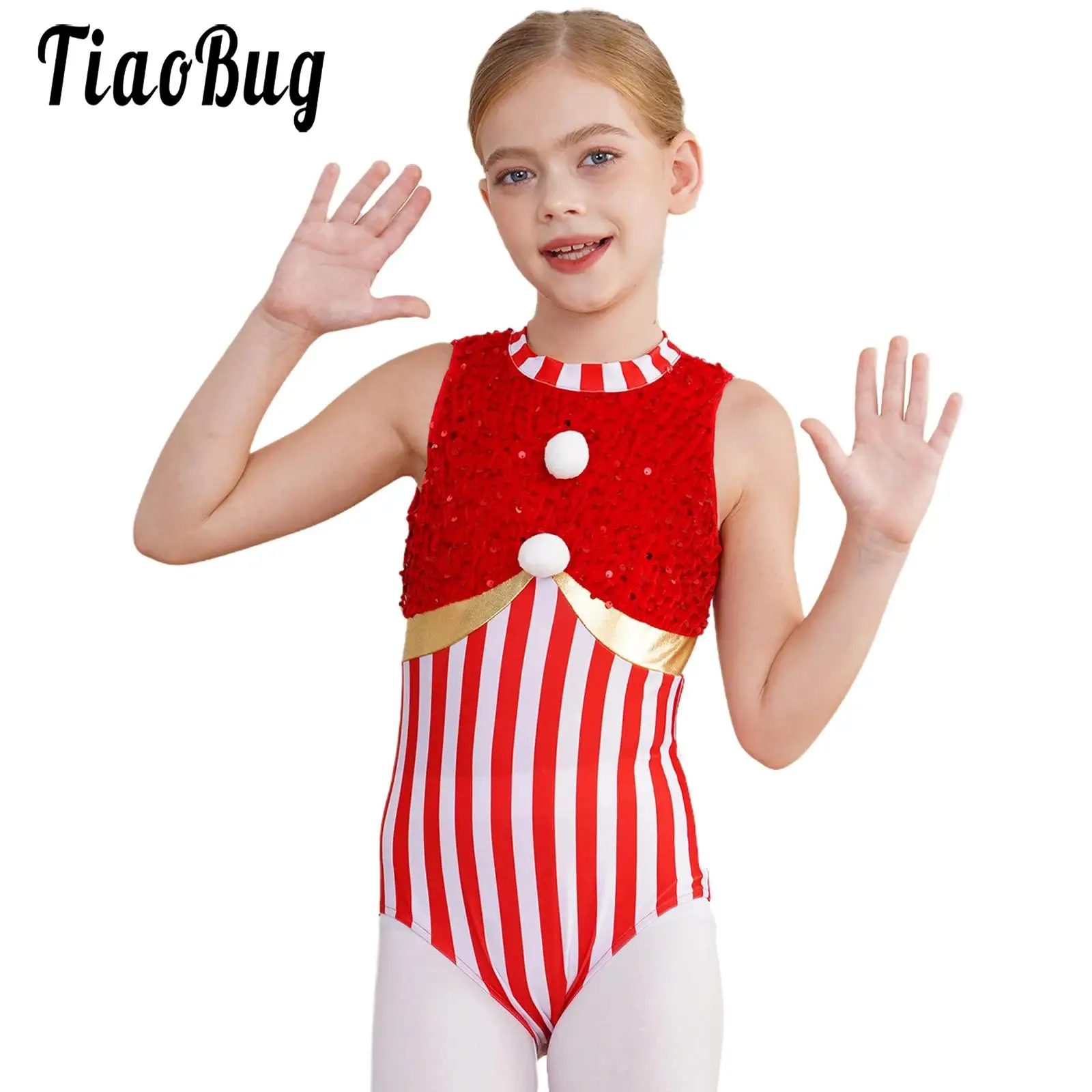 

Girls Candy Cane Stripes Leotards Bodysuit Ballet Dance Gymnastic Figure Skating Dresses Sleeveless Sequins Jumpsuit Dancewear