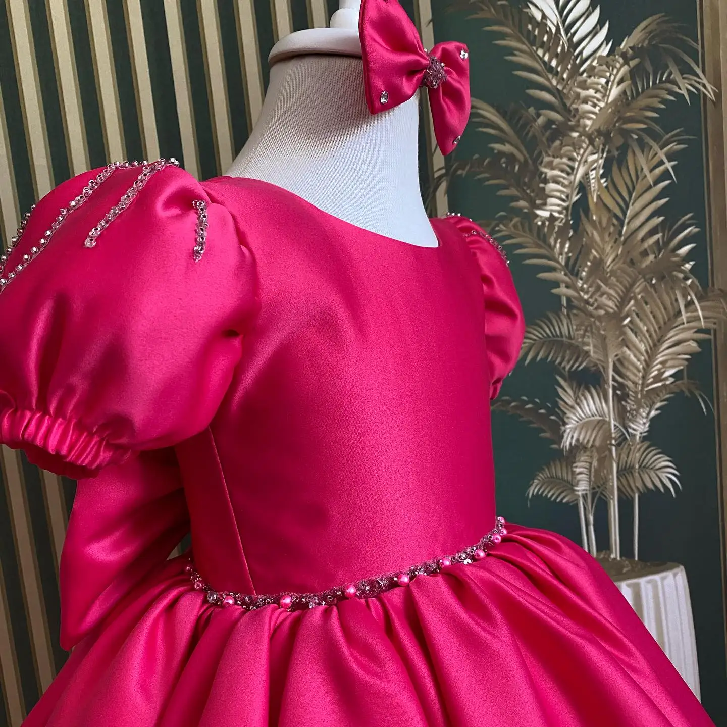Fuchsia Beading Flower Girl Dresses Bow Back Girl's Birthday Gowns Customized Baby Infant Toddler First Communion Dresses