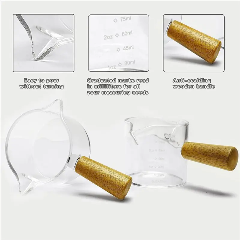 ABWZ-8Pcs Double Spouts Espresso Shot Glasses Measuring Glass Espresso Cups Cookware With Wood Handle For Milk Coffee, 75 Ml