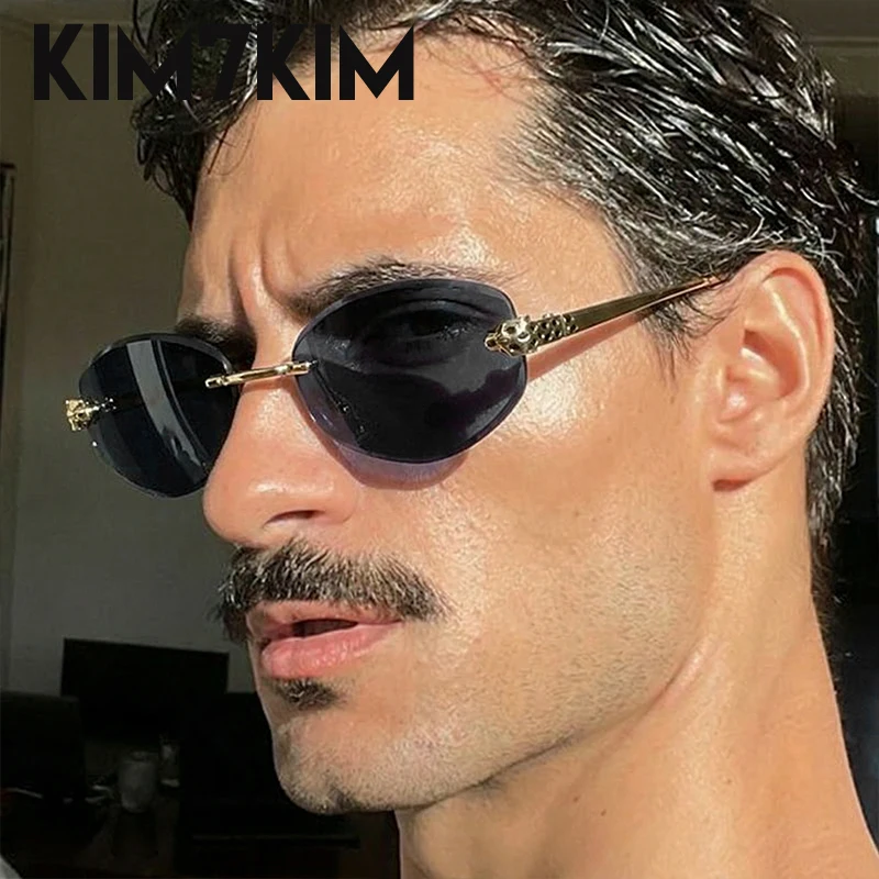 

Rimless Oval Sunglasses Men Luxury Designer Hip Hop Vintage Frameless Eyewear Leopard Head Black Gold Metal Sun Glasses Shades