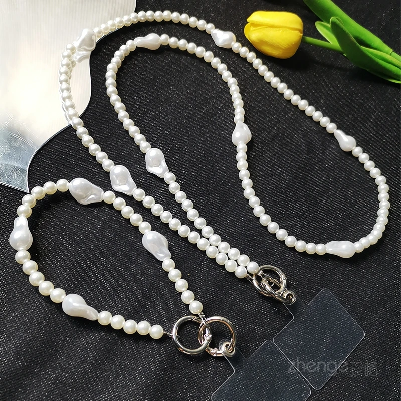 

Длинная диагональная цепочка из бисера в форме белого жемчуга, модный короткий ремешок для телефона с защитой от потери на запястье