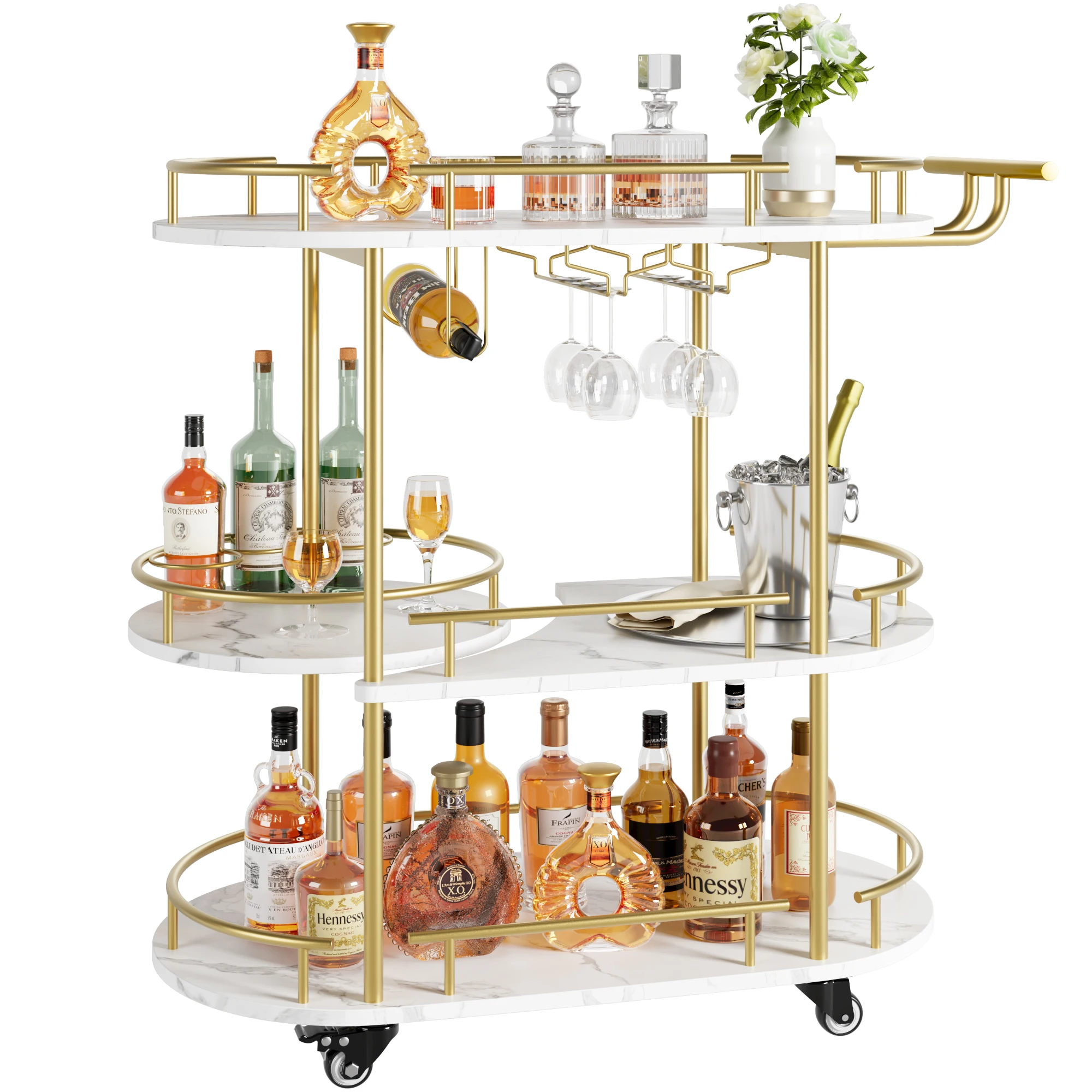 

Gold Bar Carts with 4-Tiers Storage Shelves，Mobile Bar Seving Carts on Wheels with Wine Rack and Glass Holder for Kitchen