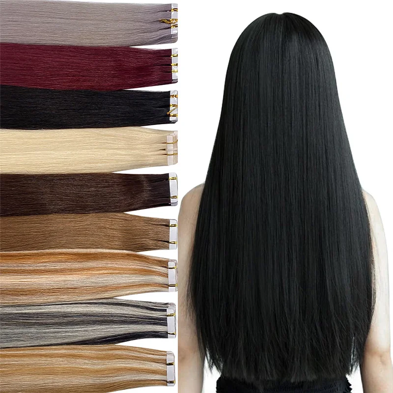 

Лента из 100% человеческих волос Remy для наращивания, 18 дюймов, 50 г, высокое качество, полный блеск, бесшовная, шелковистая, прямая кожа, уток 1B, натуральный черный